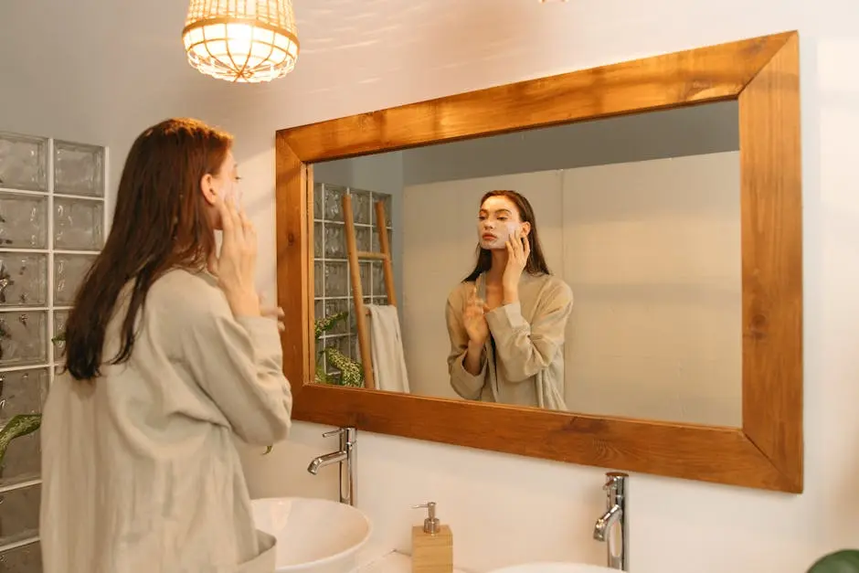 Woman Applying Cosmetic Product on Her Face While Looking at Mirror