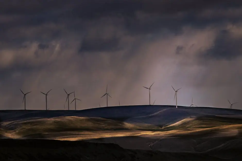 Clouds and Rain over a Wind Turbine Farm on the Hills