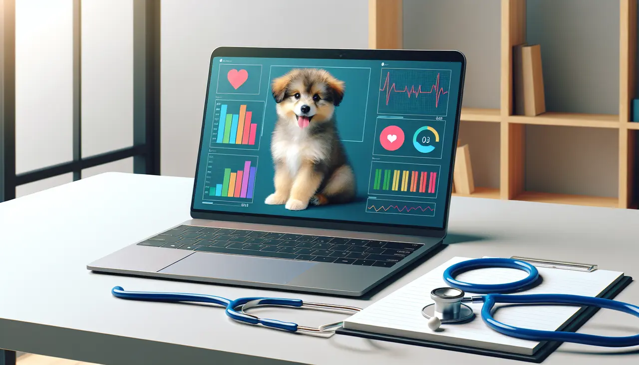 Draw a graphic in flat design style. A sleek laptop displaying colorful graphs and a cute dog on its screen, situated on a clean desk with a stethoscope and notepad.