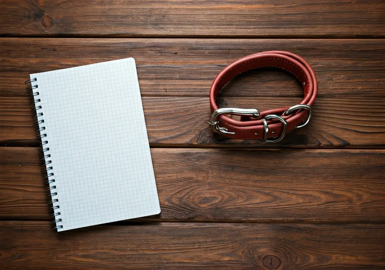 A notebook and dog collar on a wooden table. 35mm stock photo