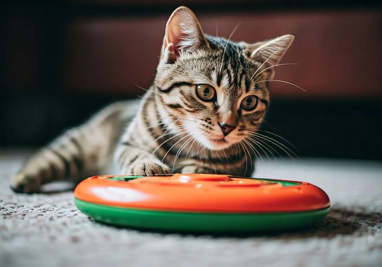 A cat playing with a colorful interactive toy. 35mm stock photo