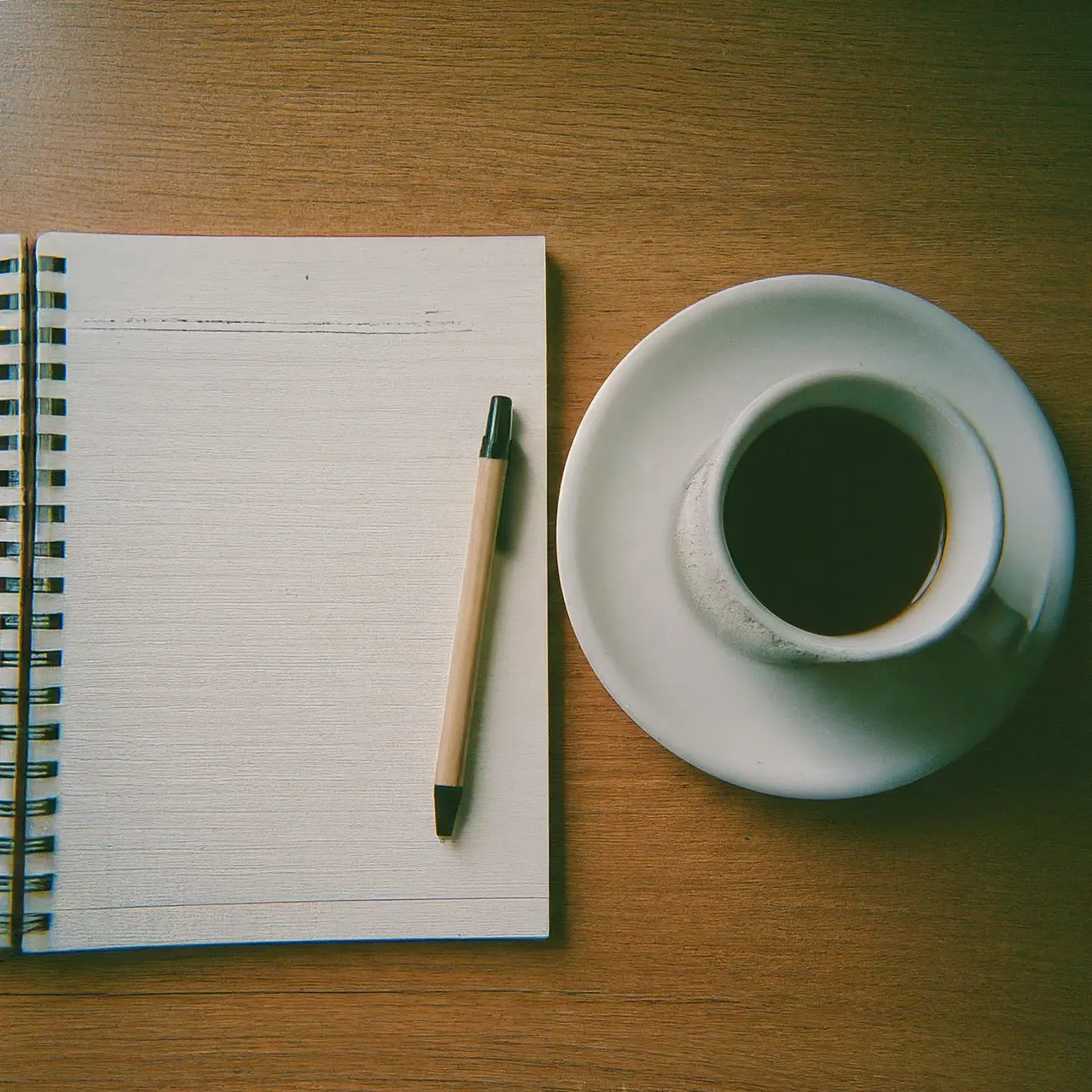 Notebook and pen beside a cup of coffee. 35mm stock photo