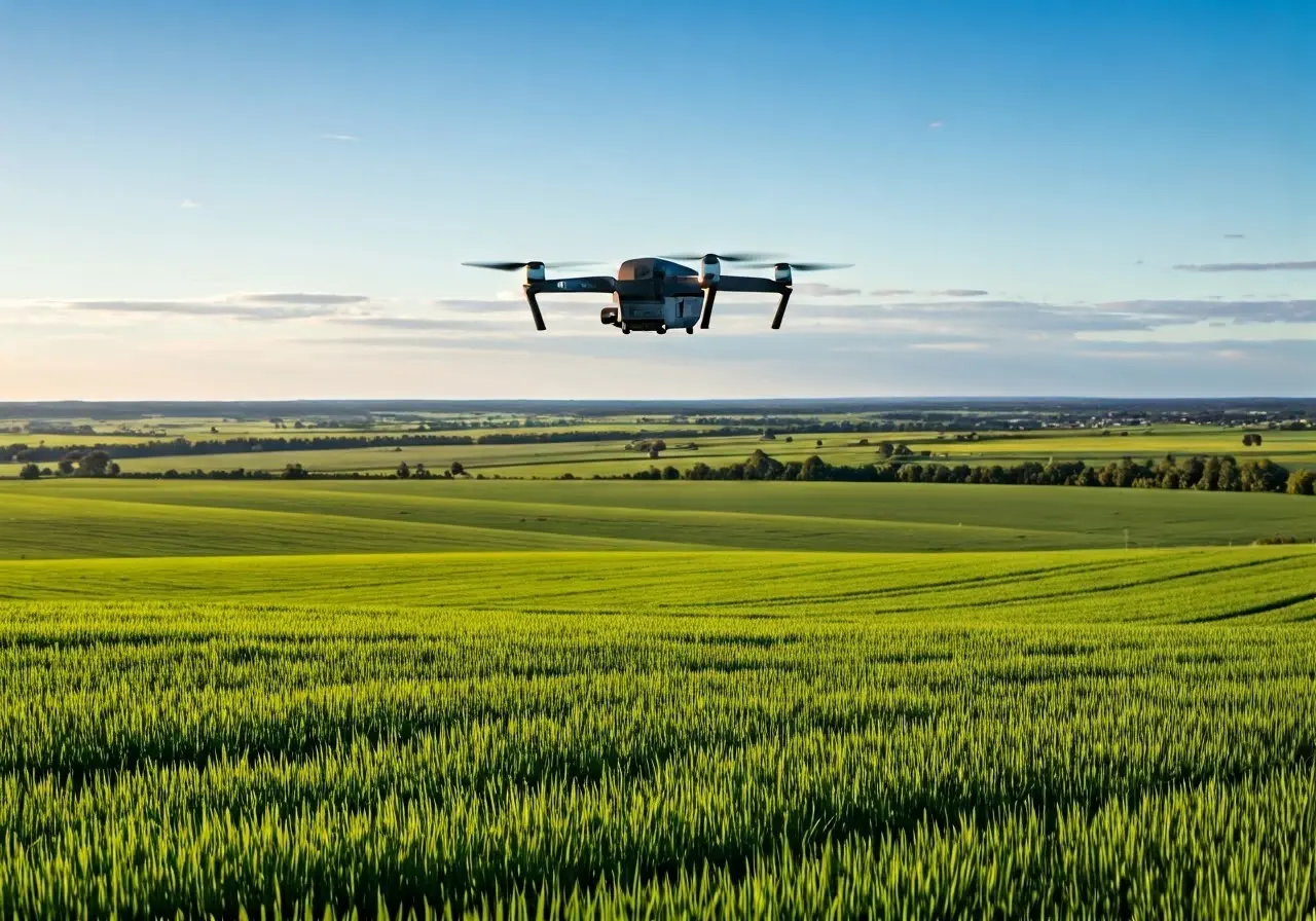 A modern drone flying over lush green farmland. 35mm stock photo