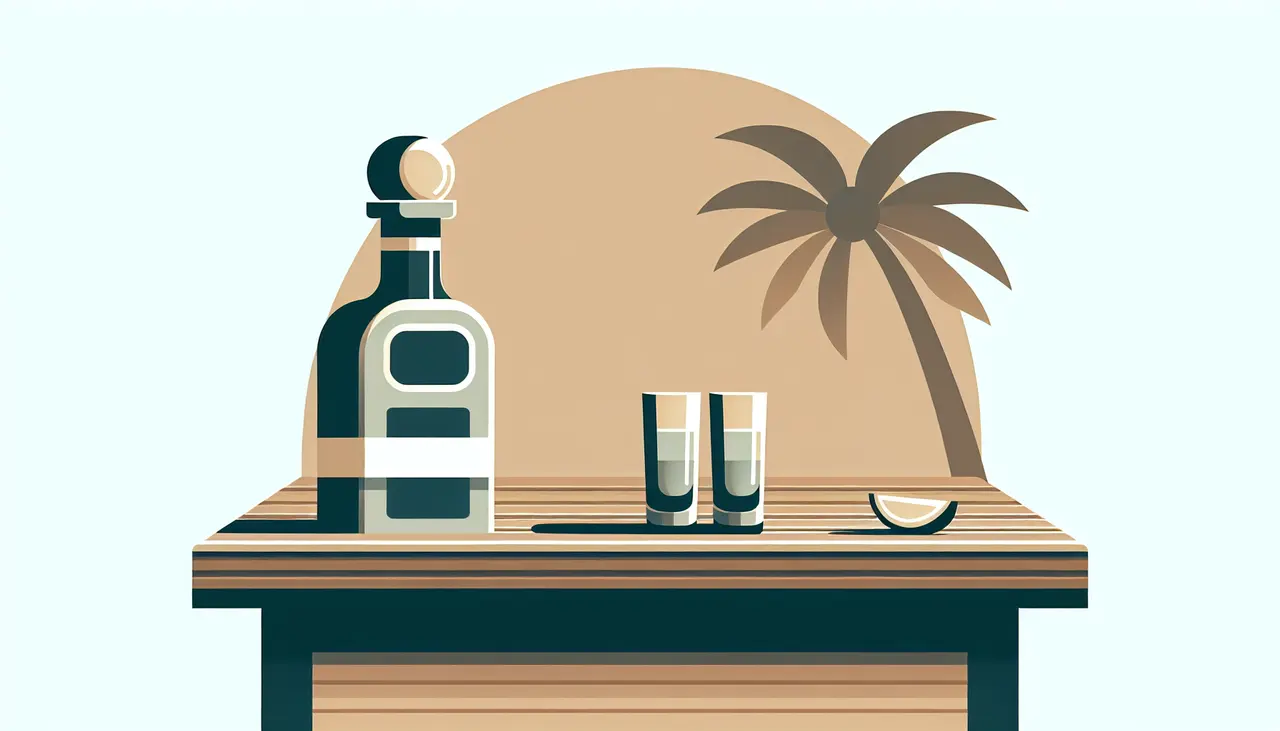 Draw a graphic in flat design style. A flat design style image of a sleek tequila bottle and two shot glasses placed on a wooden bar counter, with a minimalistic palm tree in the background.