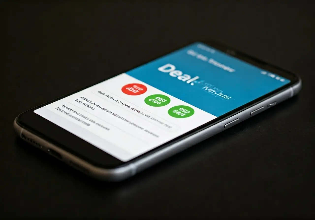 A close-up of a smartphone with a deals tracker app. 35mm stock photo