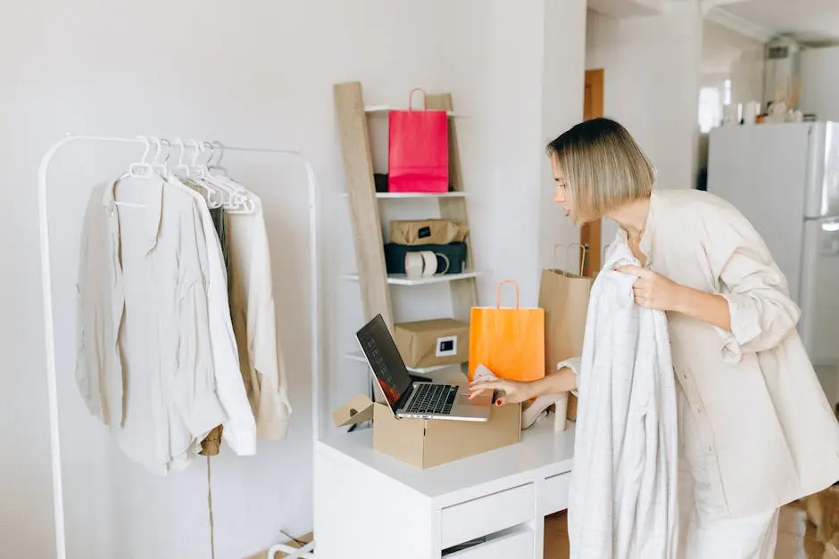 A woman in casual attire unpacking a delivery box with clothing at home, engaging in online shopping.