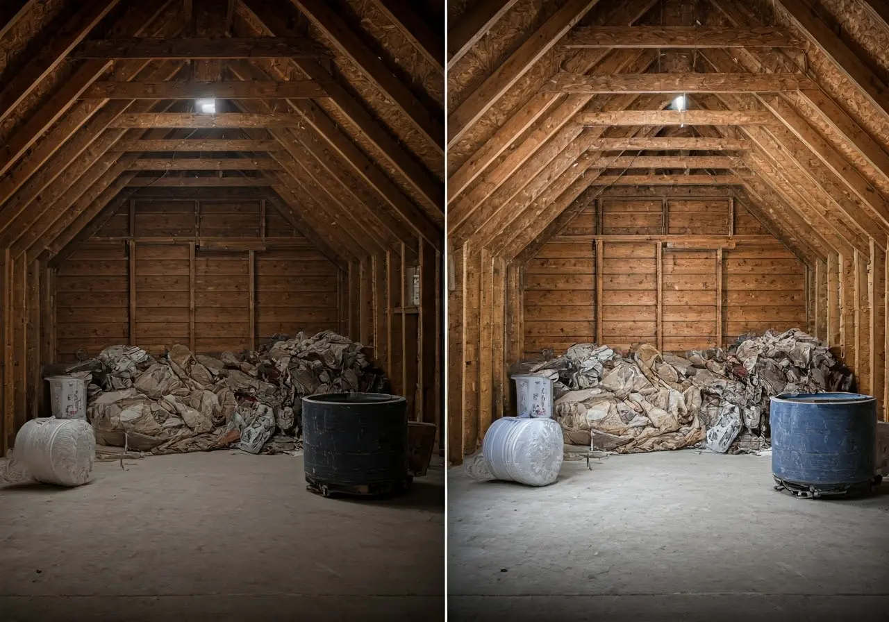 A cluttered attic before and after junk removal transformation. 35mm stock photo