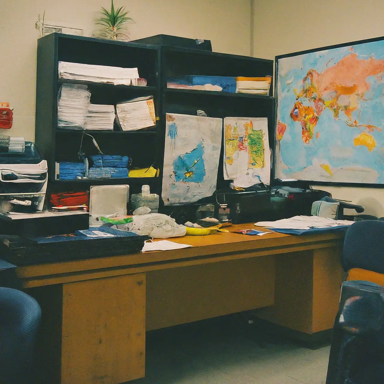 An emergency operations center with various disaster response tools and maps. 35mm stock photo