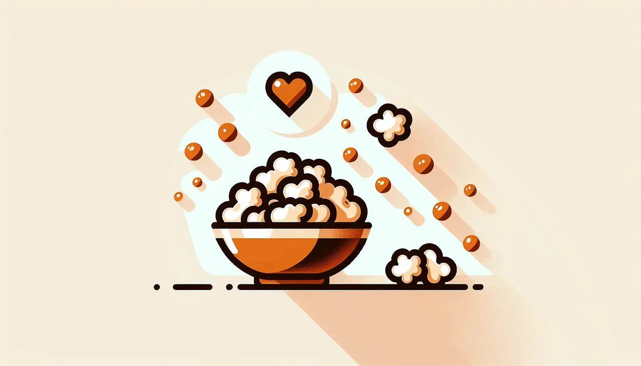 Draw a graphic in flat design style. A bowl of toffee popcorn with a few popping kernels and a heart symbol above it on a plain background.