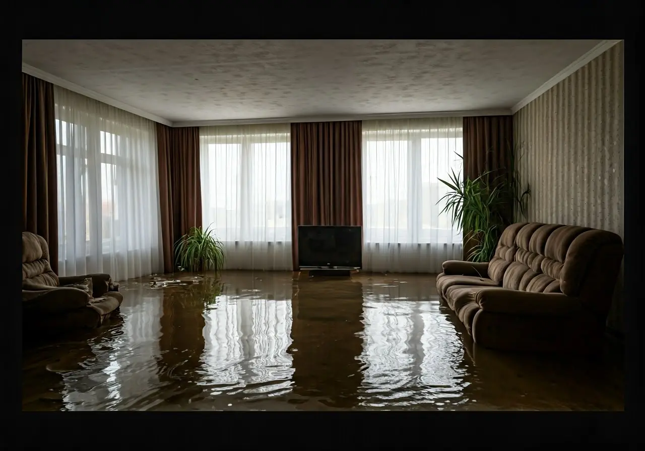 A flooded living room with water damage. 35mm stock photo