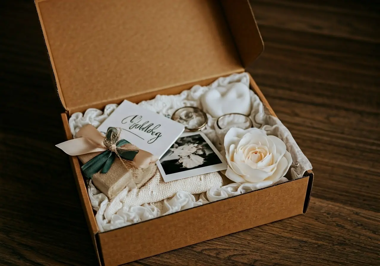 A beautifully wrapped wedding-themed subscription box with elegant accessories. 35mm stock photo