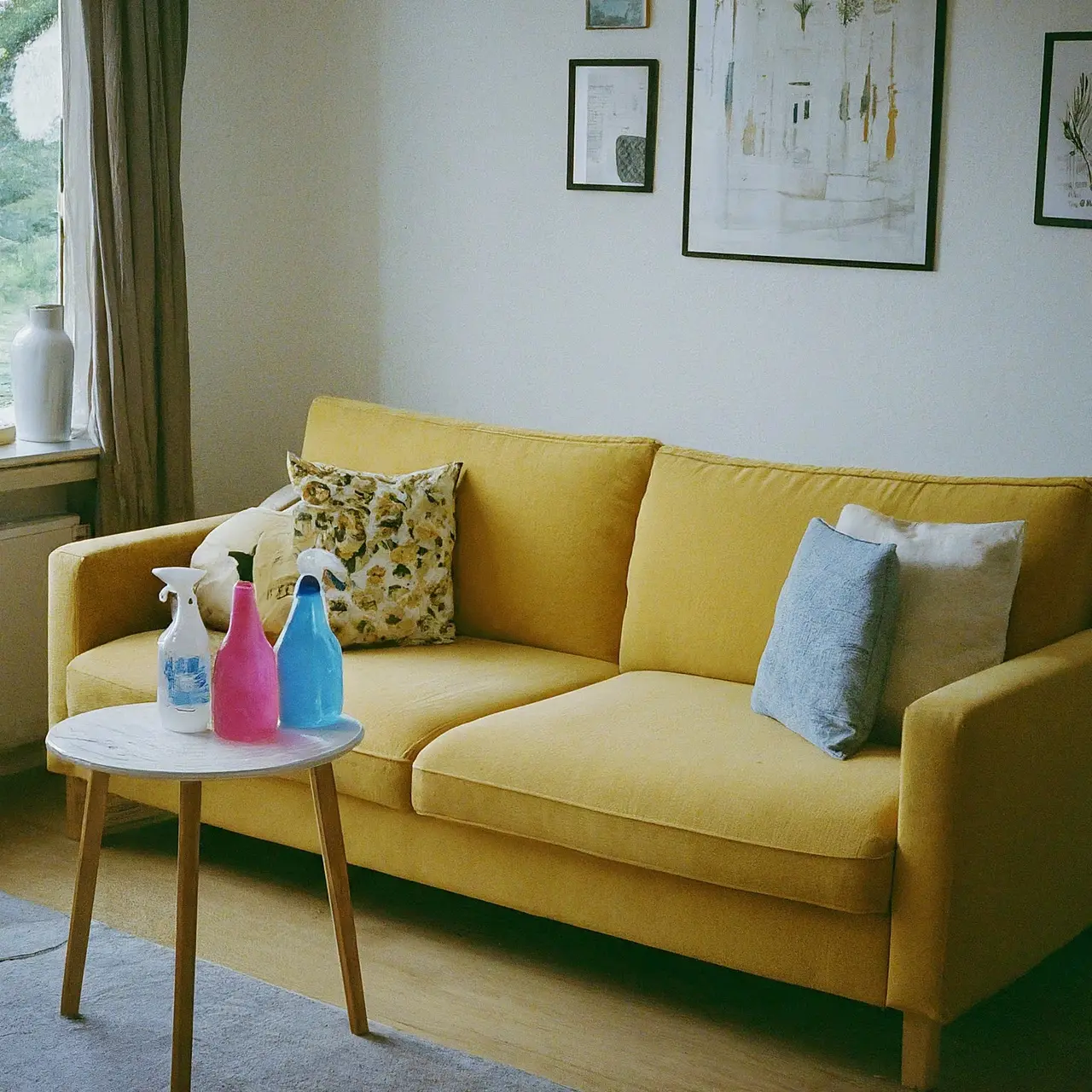 A tidy and organized living room with cleaning supplies. 35mm stock photo