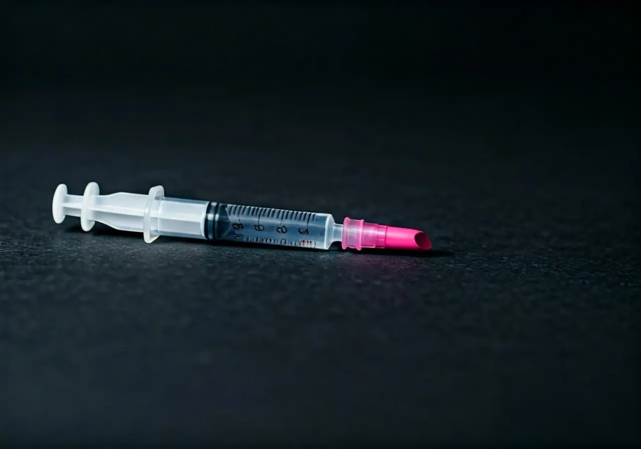 Close-up of a syringe with a pink lipstick tube. 35mm stock photo