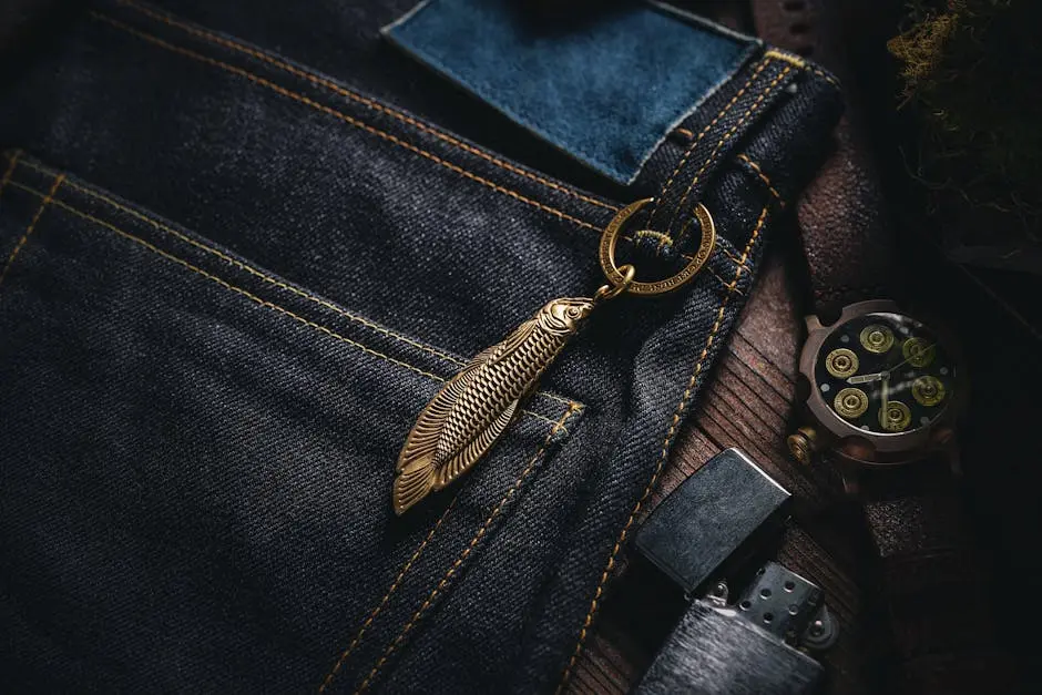 Brass Fish Keychain Attached to the Belt Loop of Jeans