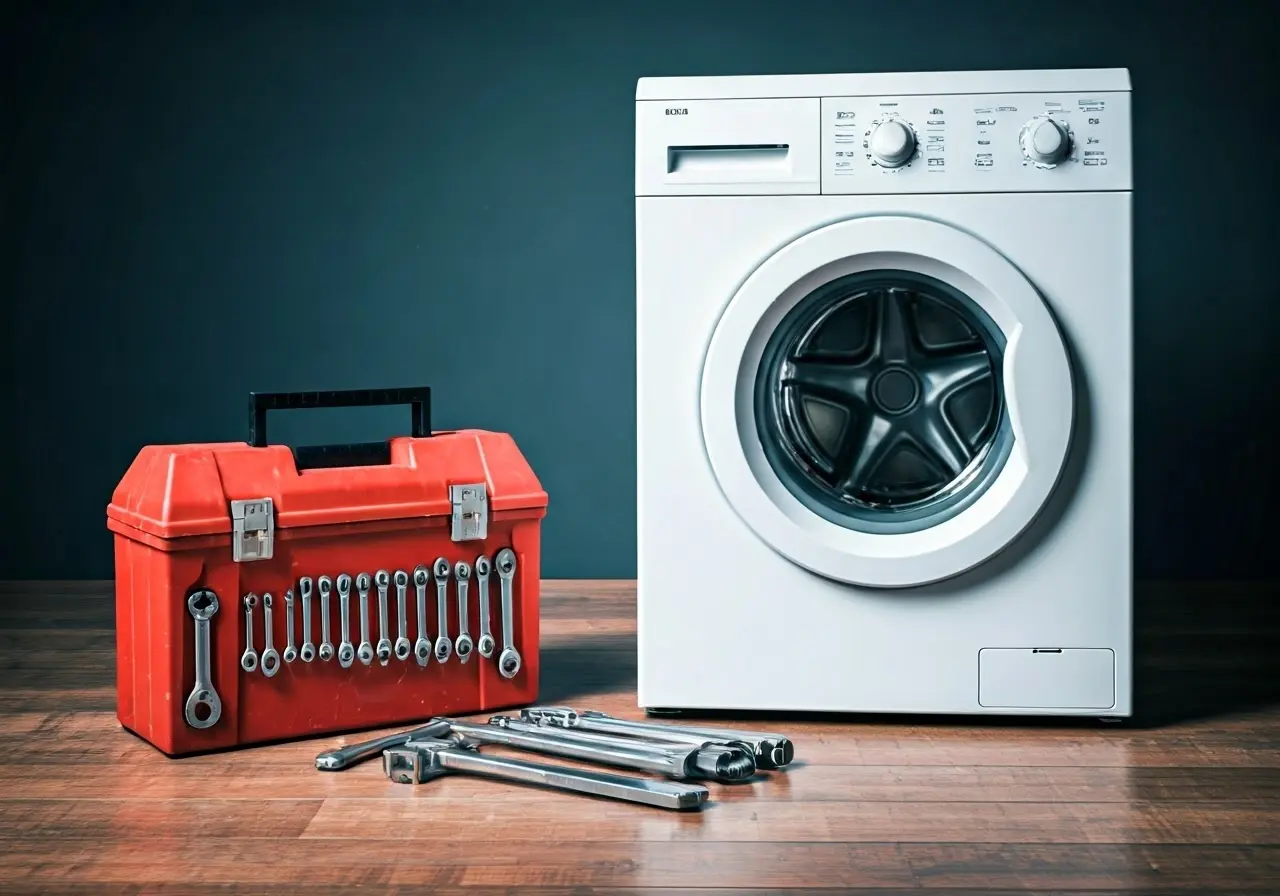 A toolbox sitting next to a broken washing machine. 35mm stock photo