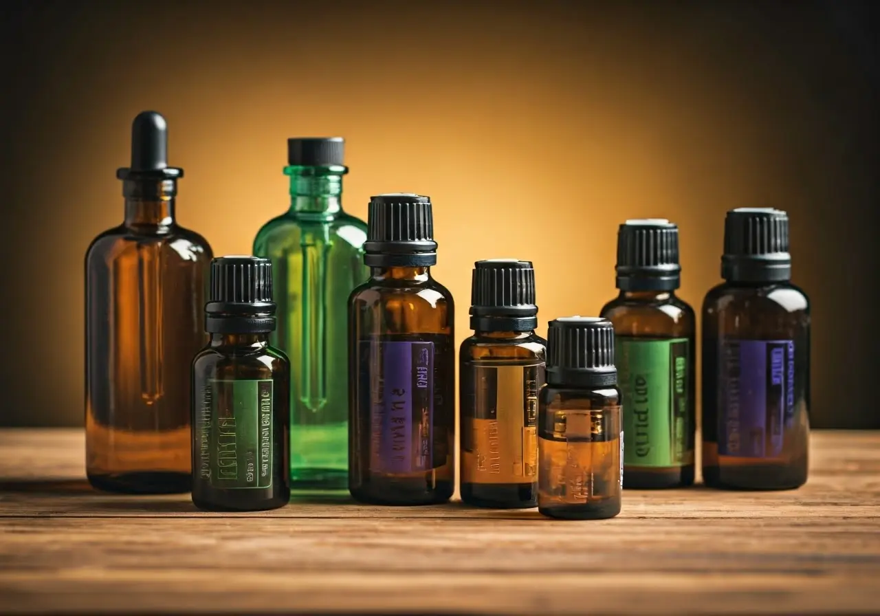 A variety of colorful essential oil bottles on a table. 35mm stock photo