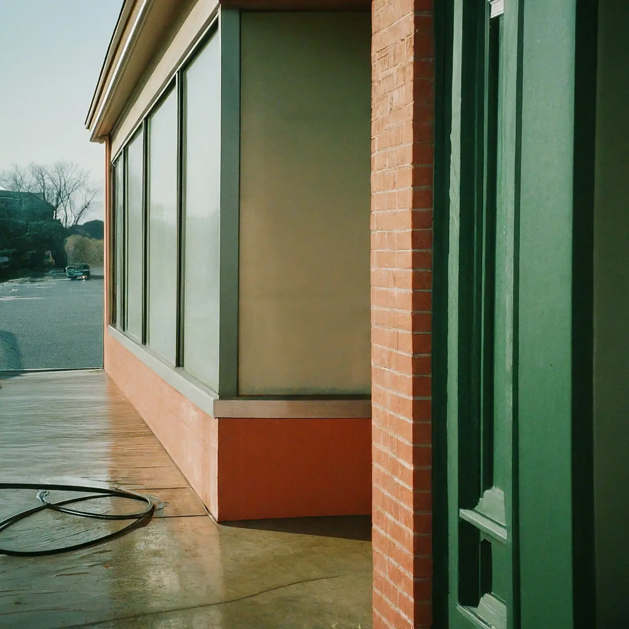 A gleaming storefront after a professional pressure wash. 35mm stock photo