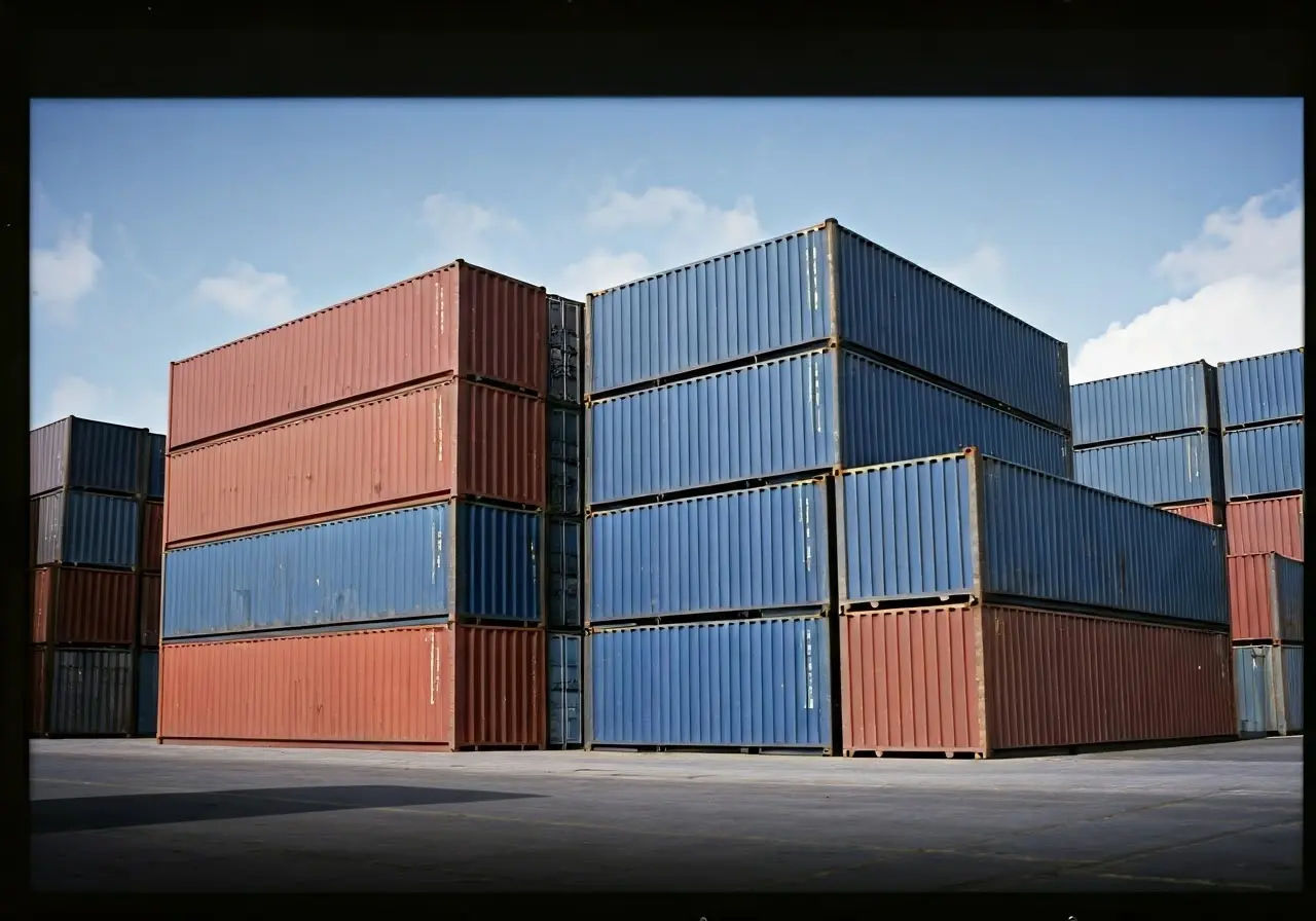 Cargo containers stacked at a busy international shipping port. 35mm stock photo