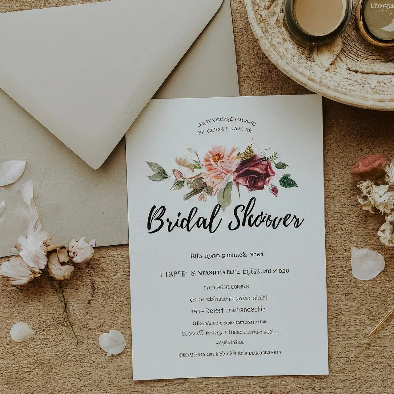 A beautifully designed bridal shower invitation with floral accents. 35mm stock photo