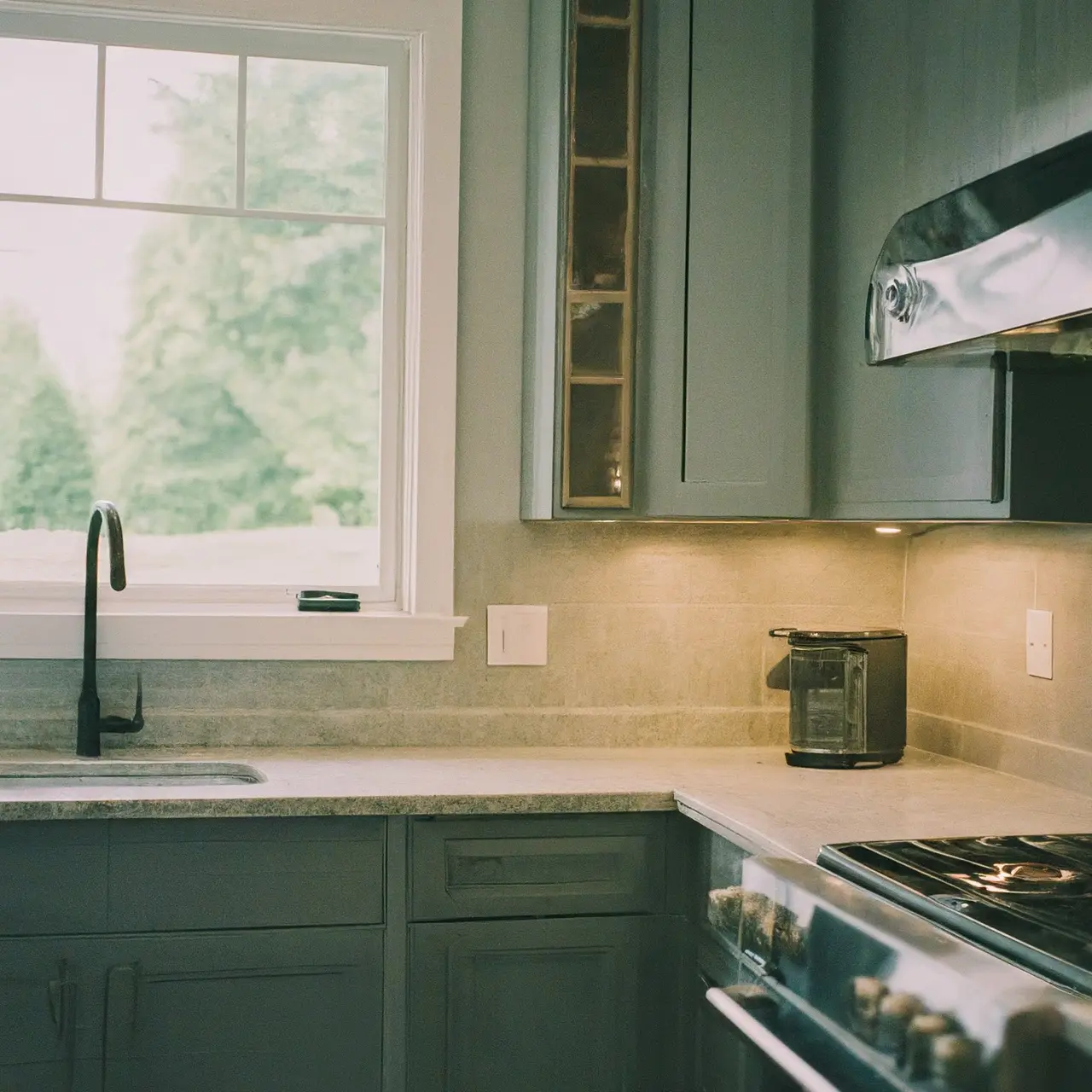 A modern kitchen with sleek appliances and stylish cabinetry. 35mm stock photo