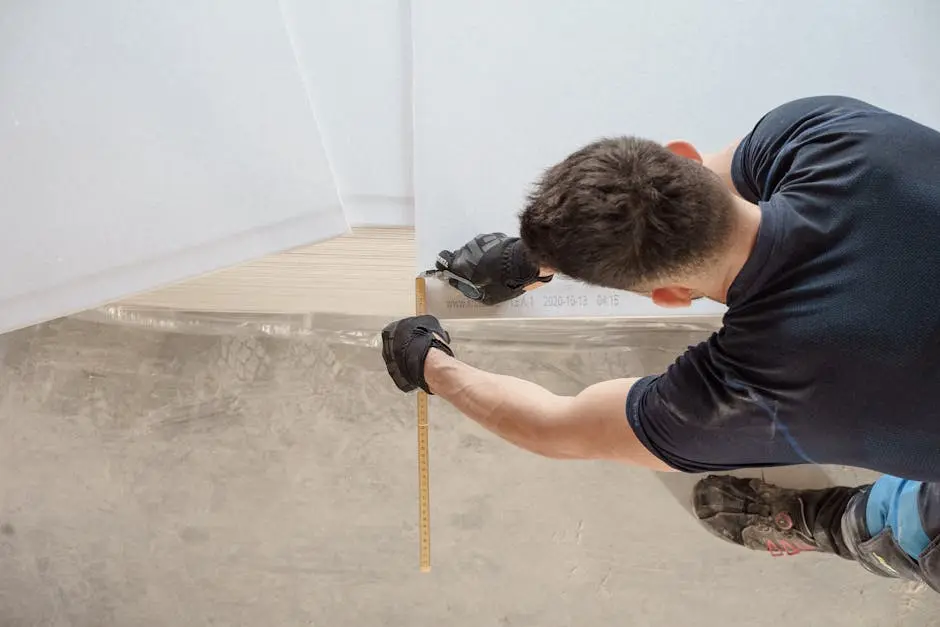 Construction worker measuring and cutting flooring panels in a renovation project.