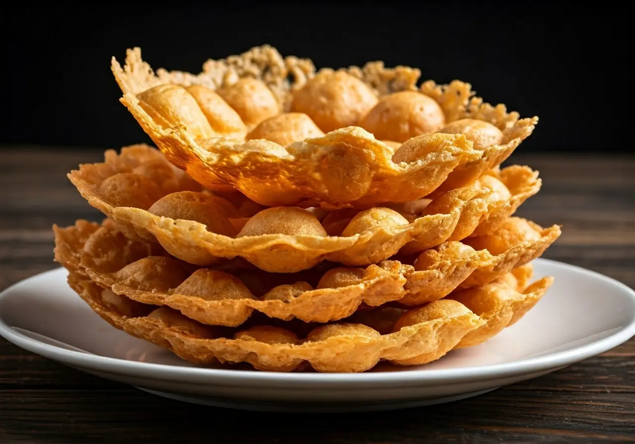 Close-up of crispy Hong Kong egglets stacked on a plate. 35mm stock photo