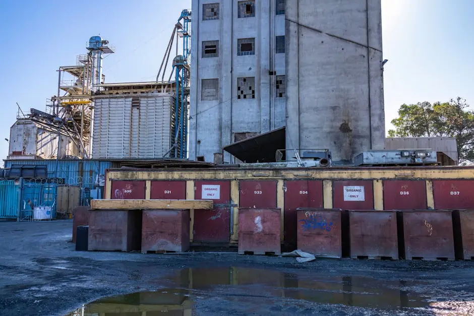 Urban scene with concrete building and large trash bins in an industrial area.