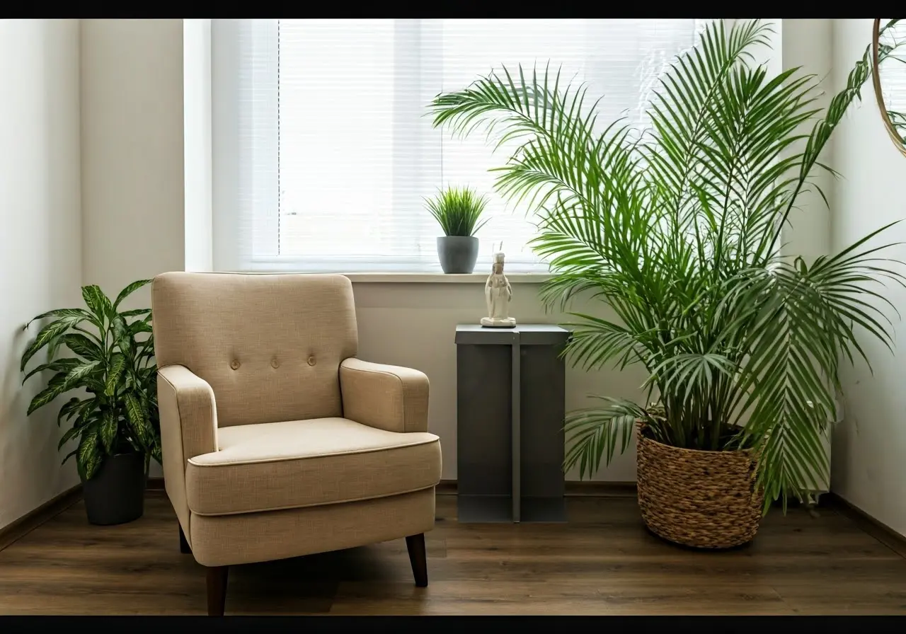 A serene therapy office with a comfortable chair and plants. 35mm stock photo