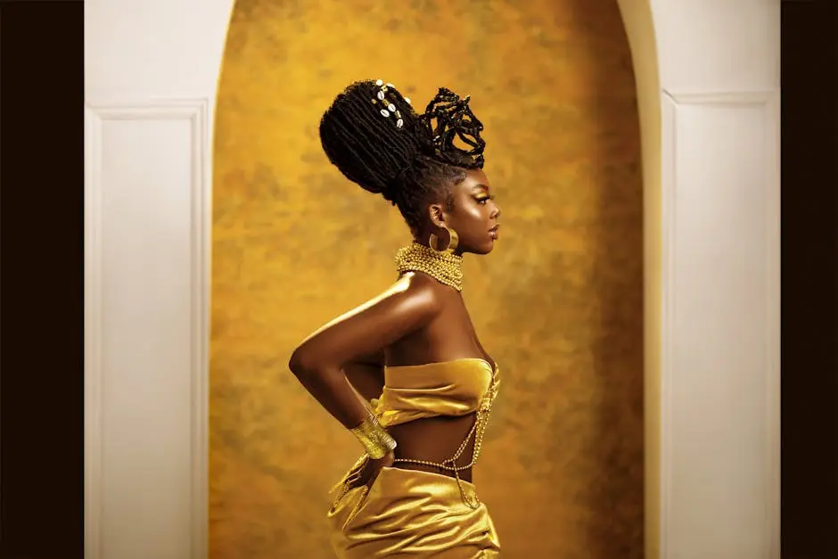 Side View of Sophisticated Woman in Golden Dress