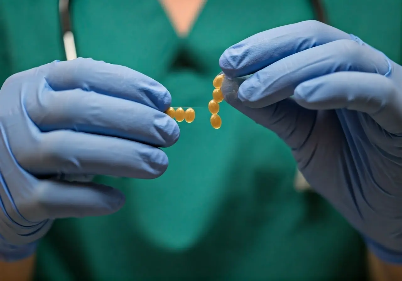 Image of a medical professional holding a hormone pellet implant. 35mm stock photo