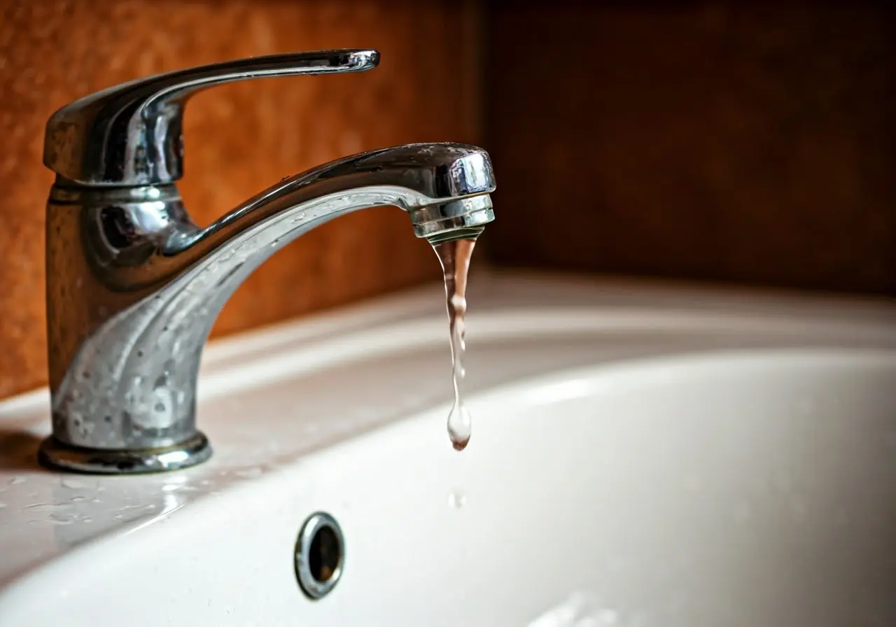 A leaking faucet with water dripping into a sink. 35mm stock photo