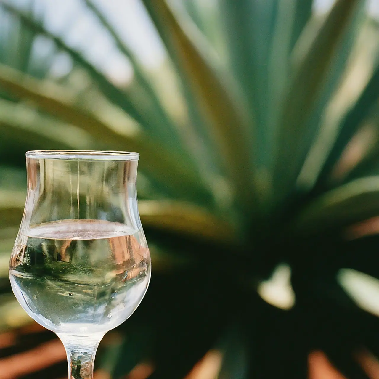 A glass of reposado tequila with agave plants in background. 35mm stock photo