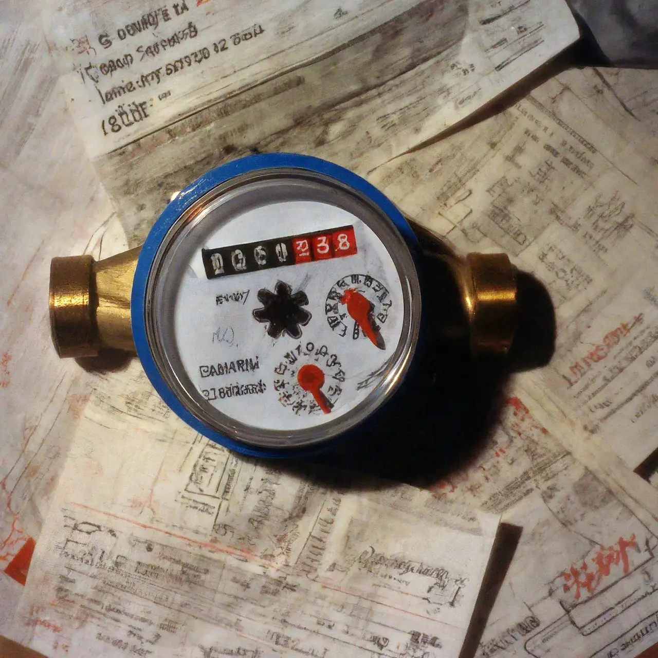 A household water meter surrounded by various utility bills. 35mm stock photo