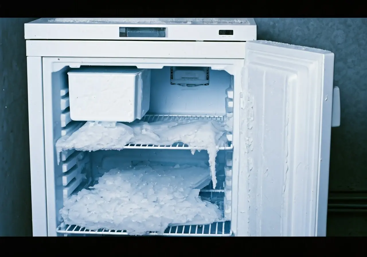 A broken freezer with frost build-up and leaking water. 35mm stock photo