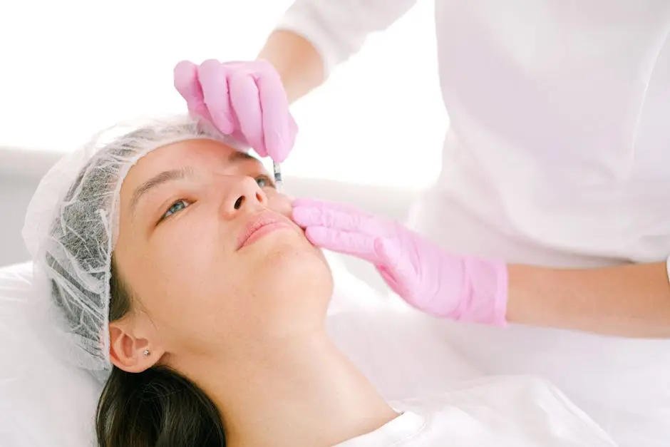 Woman receives cosmetic injection in clinical setting, enhancing beauty using modern techniques.