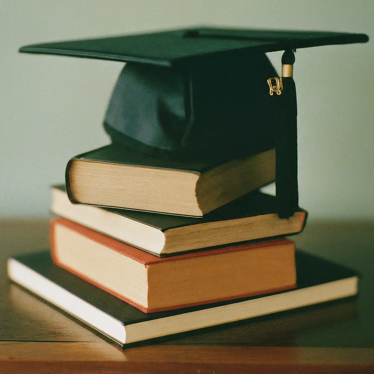 Stack of books with a graduation cap on top. 35mm stock photo