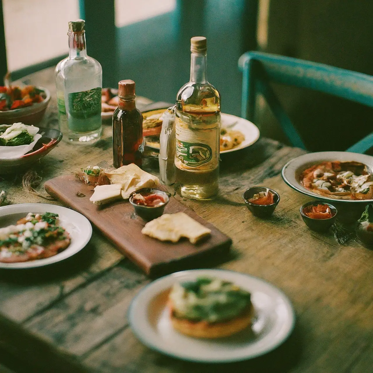 A rustic table with tequila bottles and various appetizers. 35mm stock photo