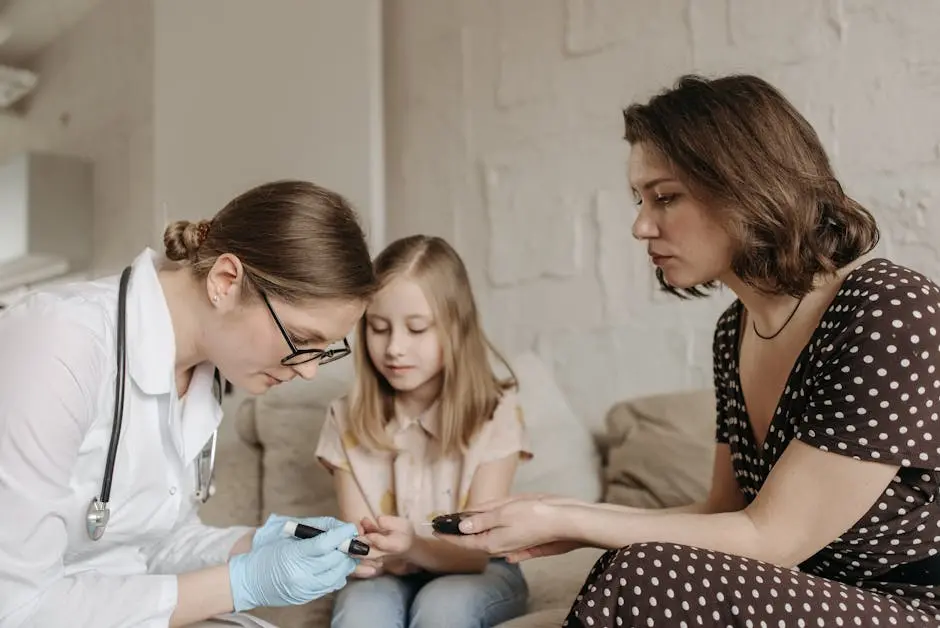 A pediatrician checks a child’s blood sugar levels while her mother assists at home.