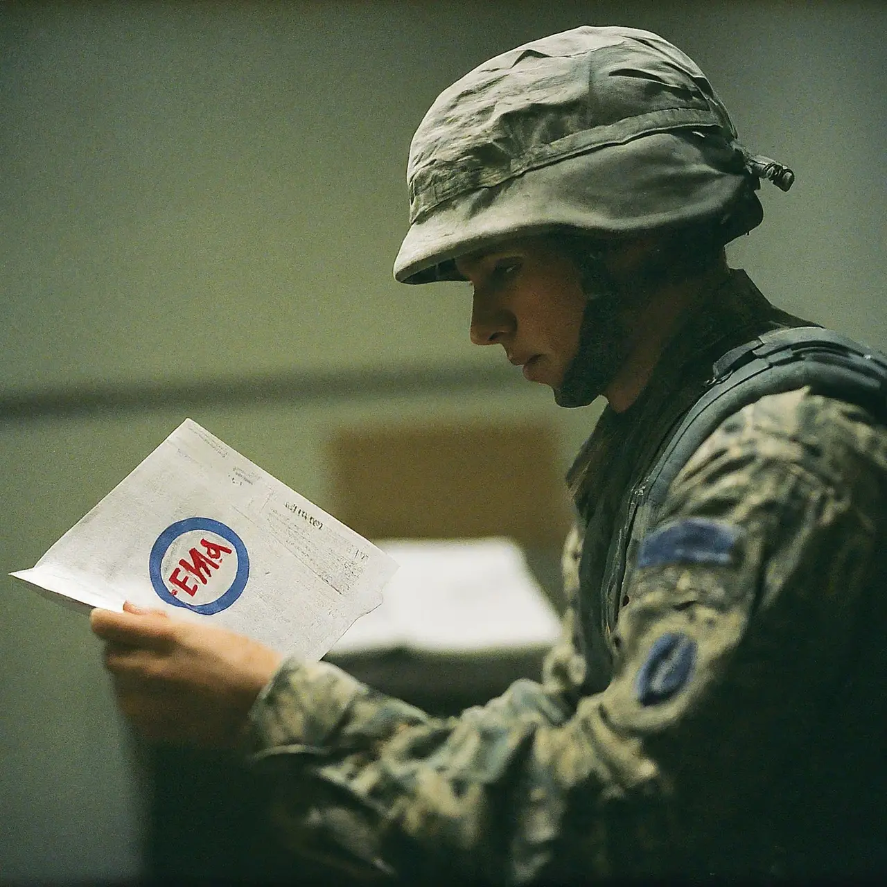 A soldier reviewing documents with a FEMA logo in view. 35mm stock photo