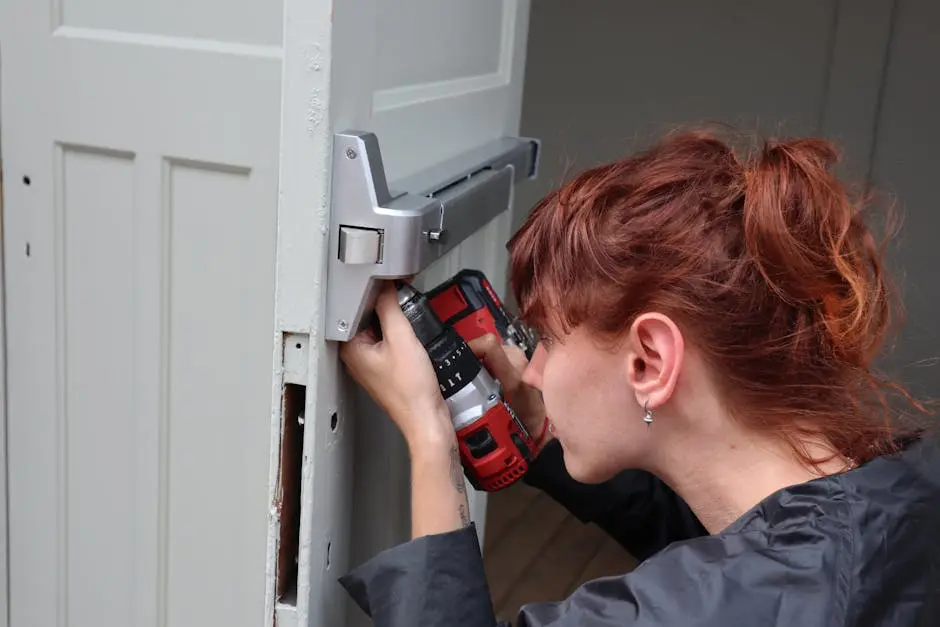 Caucasian woman focusing on door installation with power drill, side view.