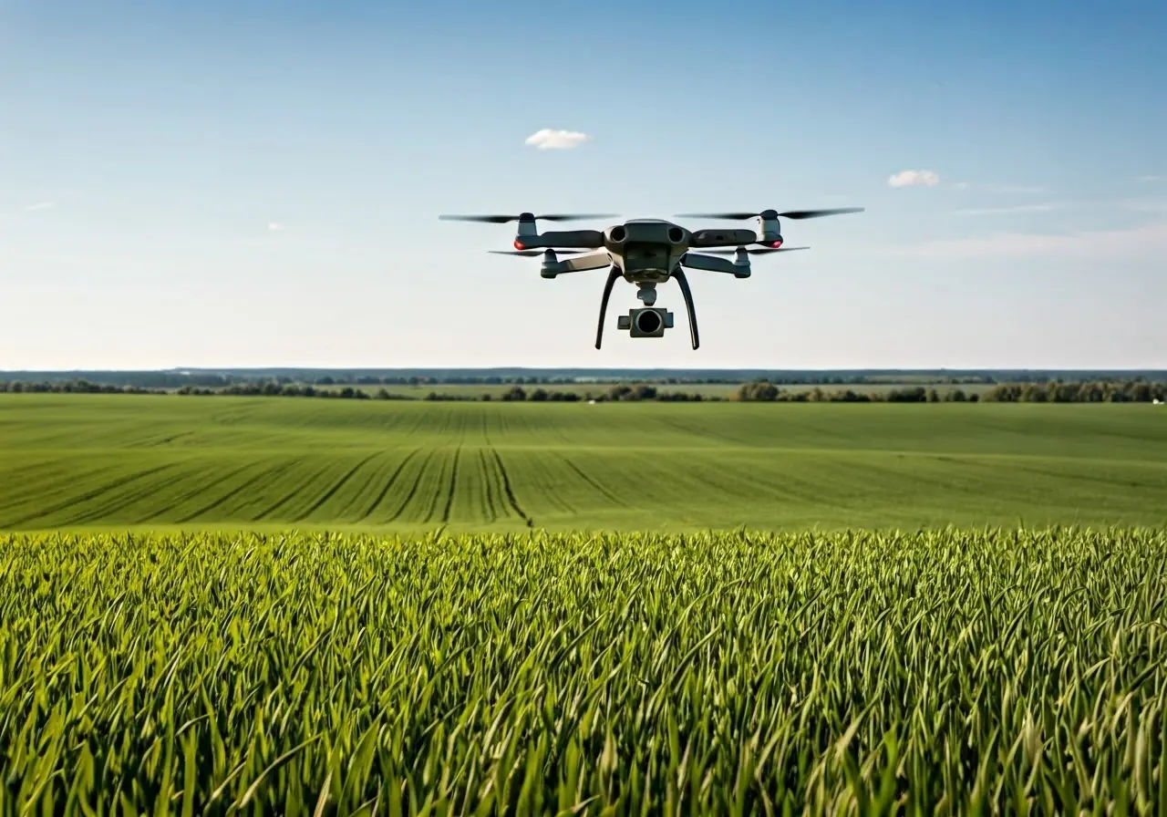 A drone flying over a vast green agricultural field. 35mm stock photo