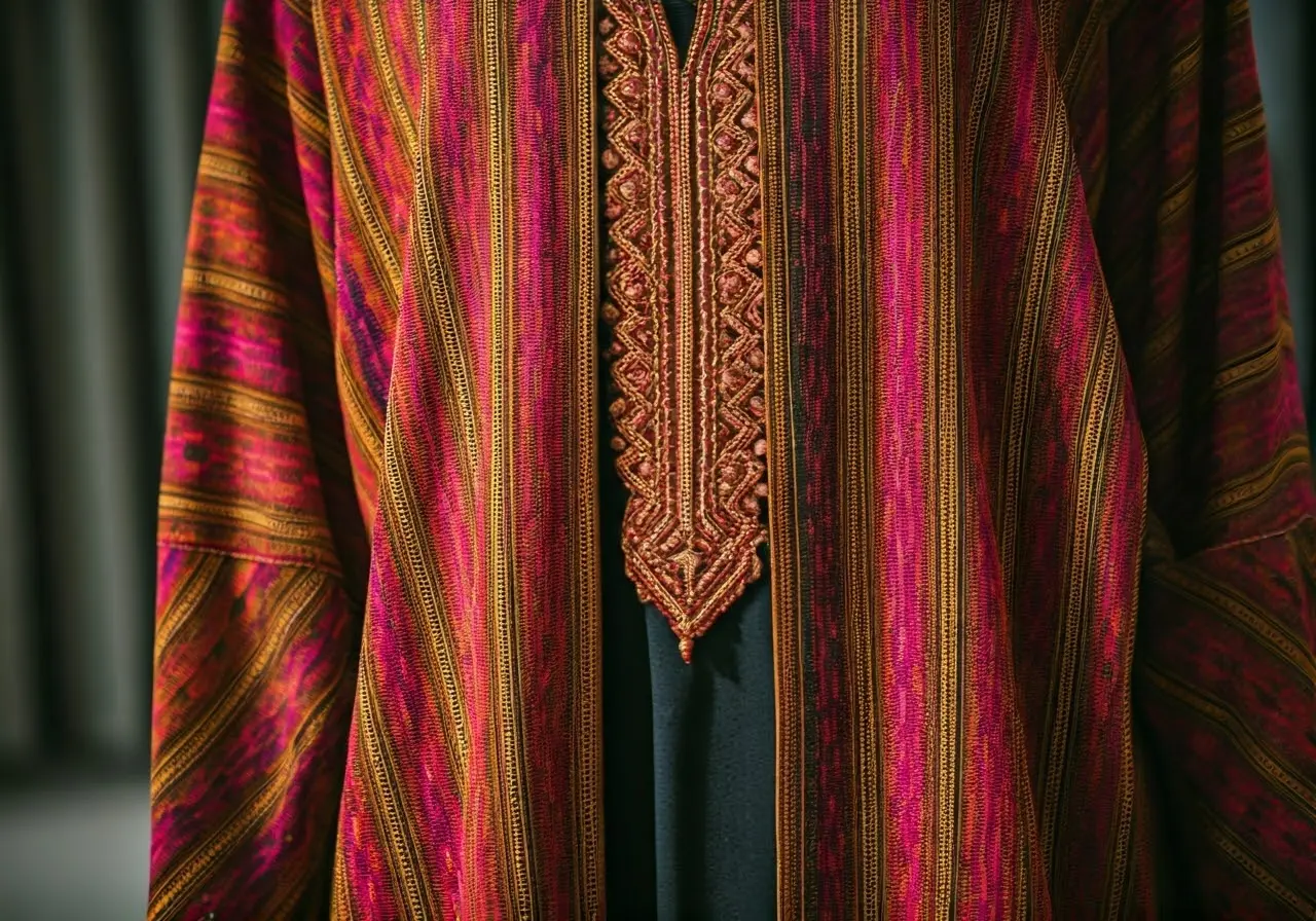 Intricate tatreez patterns on a vibrant, traditional two-piece abaya. 35mm stock photo