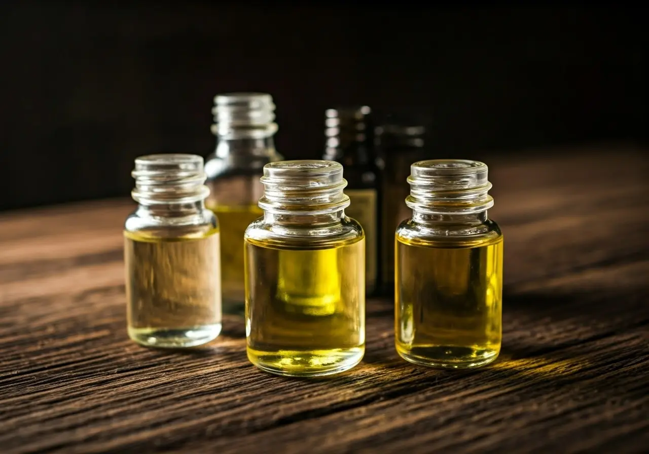 A variety of fragrance oils in small glass bottles. 35mm stock photo