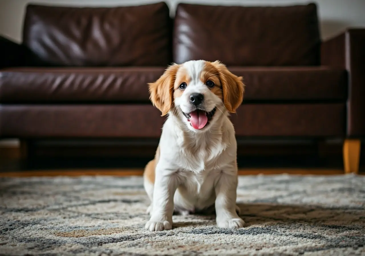 A cheerful dog sitting calmly on a living room carpet. 35mm stock photo