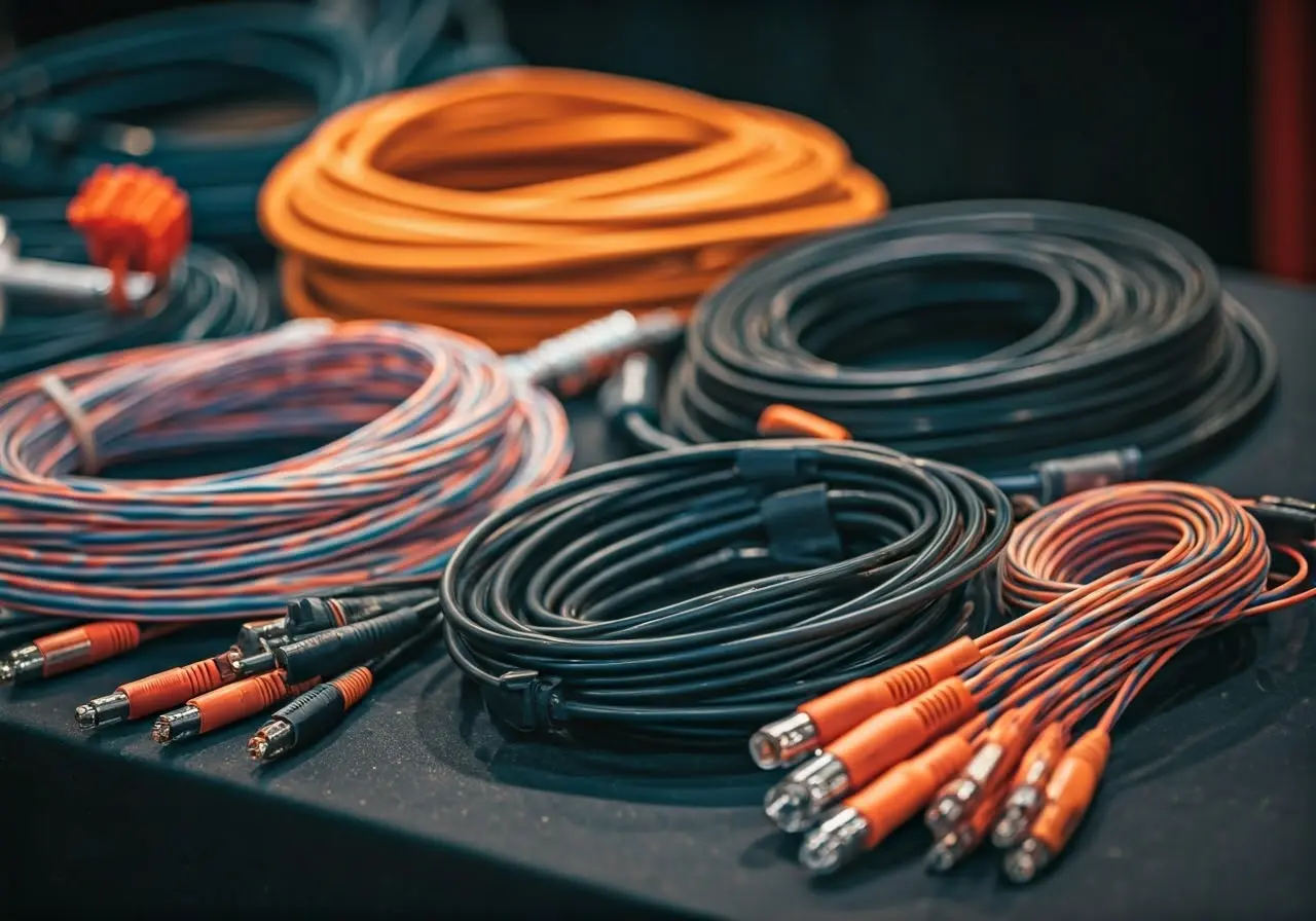 A variety of colorful cables and connectors displayed on a table. 35mm stock photo