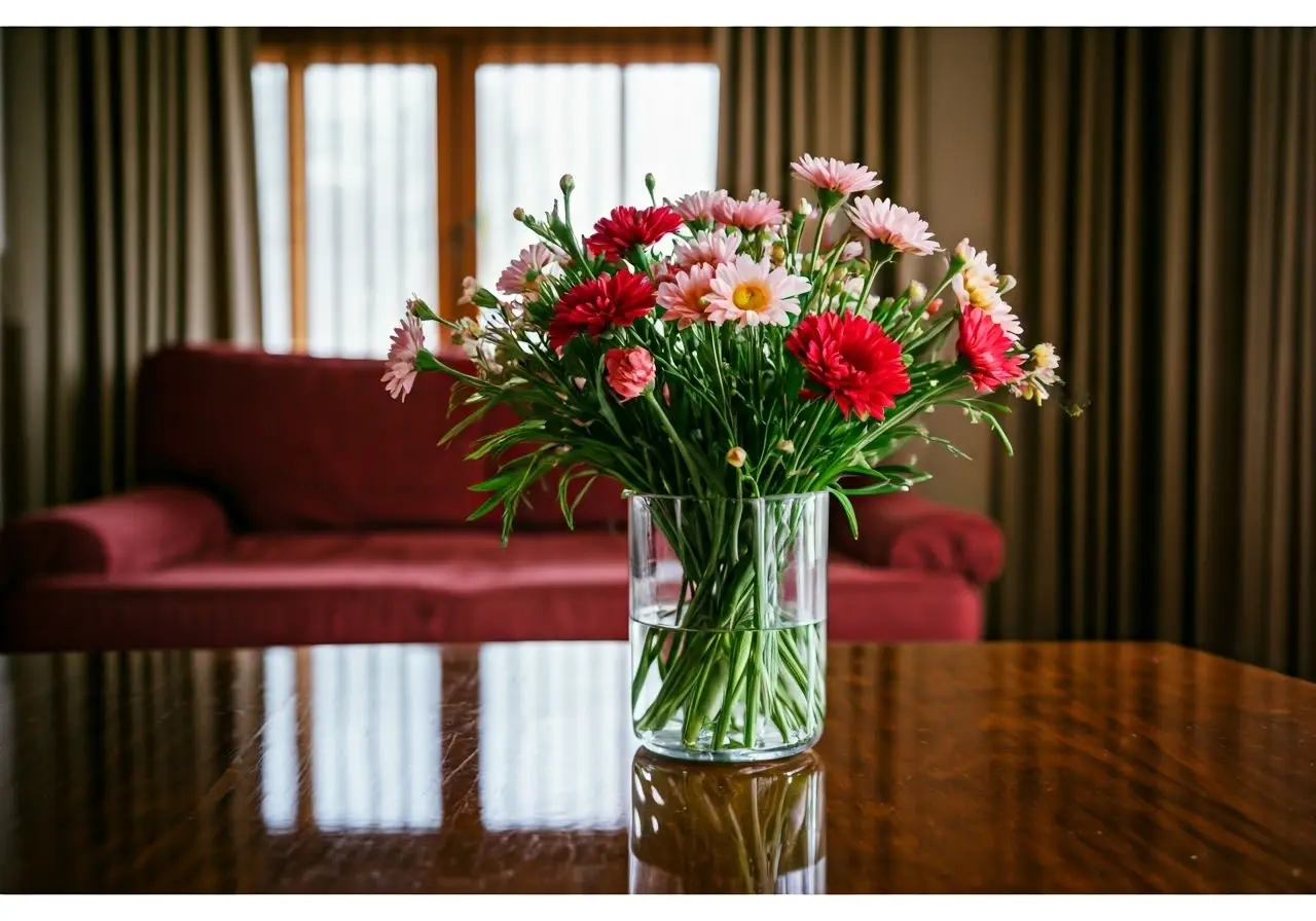 A tidy living room with gleaming surfaces and fresh flowers. 35mm stock photo