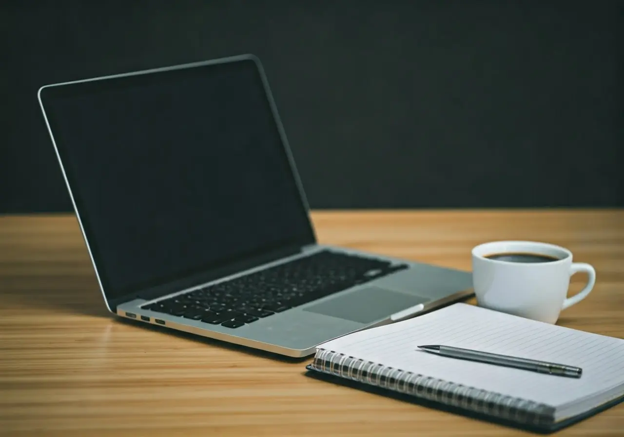 Laptop, planner, and coffee on a modern desk workspace. 35mm stock photo