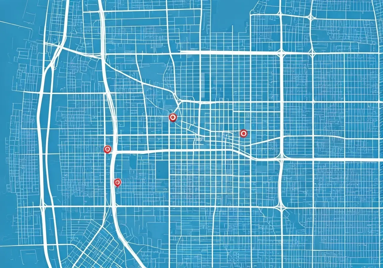 Image of a city map with highlighted mental health centers. 35mm stock photo