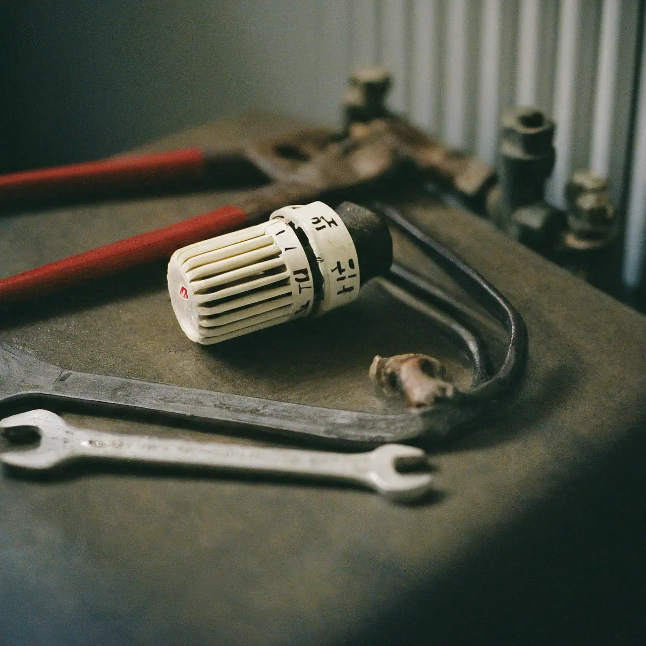 A close-up of tools and a thermostat near a furnace. 35mm stock photo