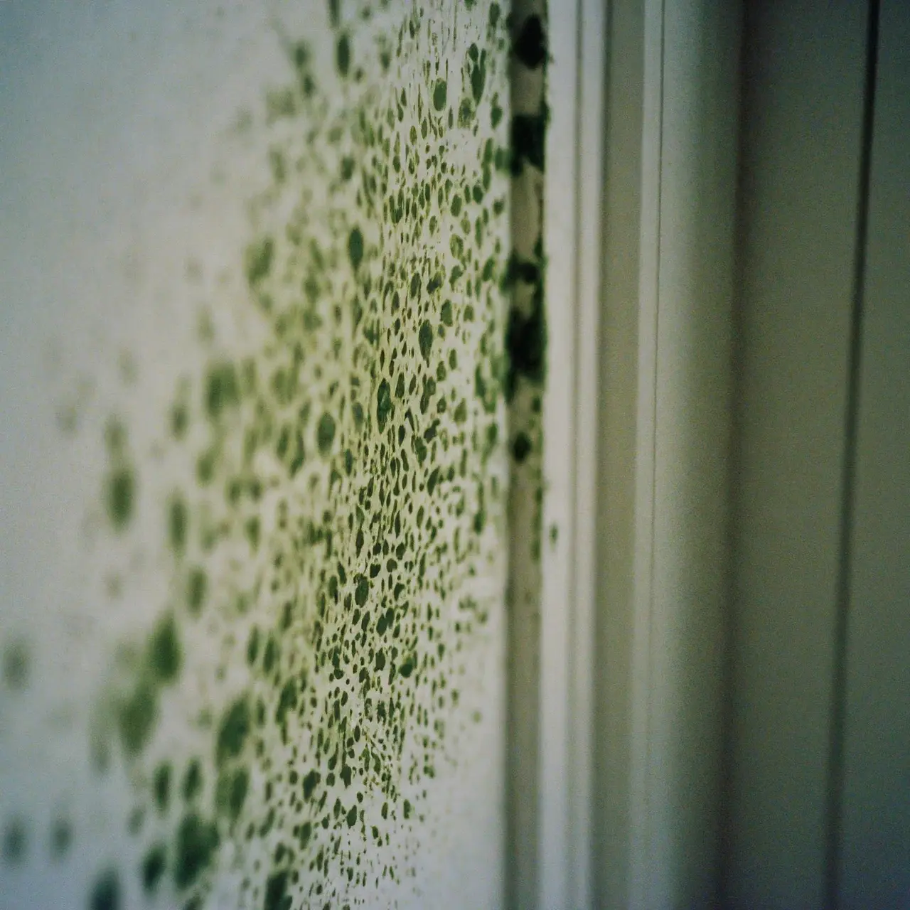 A close-up of mold on a wall being cleaned. 35mm stock photo